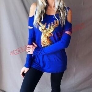Holiday Cold Shoulder Cutout Long Sleeve Sequin Deer Graphic Top